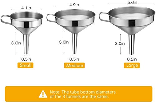 Kitchen Funnel, 3 Piece Stainless Steel Funnels Set with Handle Design and Removable Strainer, Great for Transferring of Liquid, Fluid, Dry Ingredients & Powder, Funnels for Filling Bottles - color: Funnel set-3
