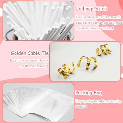 301 Pcs Cake Pop Sticks and Wrappers Kit, Including 100 Papery Lollipop Sticks & Cake Pop Bags & Gold Twist Ties 1 Cake Pop Scooper for Making Candy Lollipop Chocolates Packaging Supplies Accessories