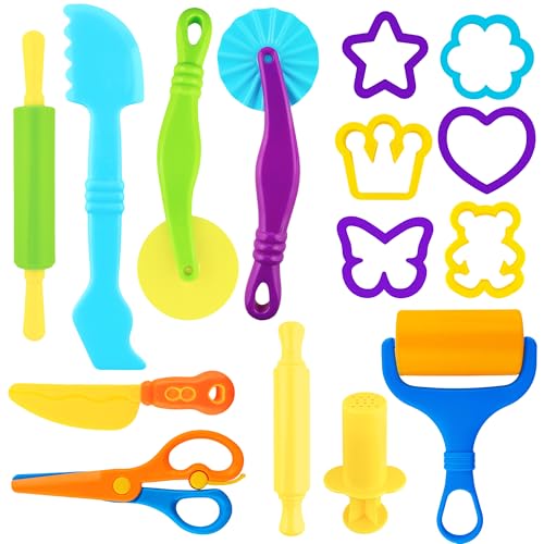 LanMa 15 Pcs Dough Tools Set for Kids, Plastic Play Clay Accessories Kit with Rolling Pins, Cutters, Molds and Safety Scissors - color: cute