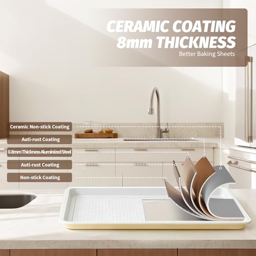 Nonstick Ceramic Baking Sheet With Rack, 2-Pack 15x10 Jelly Roll Sheet Pan, Non-Toxic, PTFE & PFOA Free, Warp-Free, Oven Safe 550°F, Dishwasher Safe, Aluminized Steel, Gray Yellow - size: 2-Pack Medium 10" x 15"