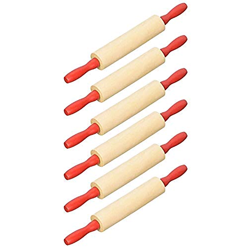 The Dreidel Company Mini Rolling 7.5 Inch 6-Pack Rolling Pin for Play Dough - Wood Kids Rolling Pin For Little Bakers, With Red Handles Arts and Crafts Clay Roller, 7.5" (Pack of 6) - size: 6-Pack