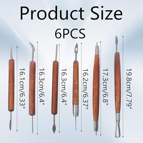AUXBC 6Pcs Double-Sided Pottery & Clay Sculpting Tools Set, Smooth Wooden Handles Sculpting Polymer Tools for Embossing, Carving, Modeling with Polymer Clay, Fondant, Dough