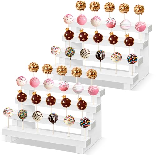 Ameuphercy 2 Pack Wood Cake Pop Stand, 4 Tier Rustic White Lollipop Holder Stand, 44 Holes Cake Candy Dessert Table Display For Wedding, Baby Showers, Birthday, Halloween, Christmas Party