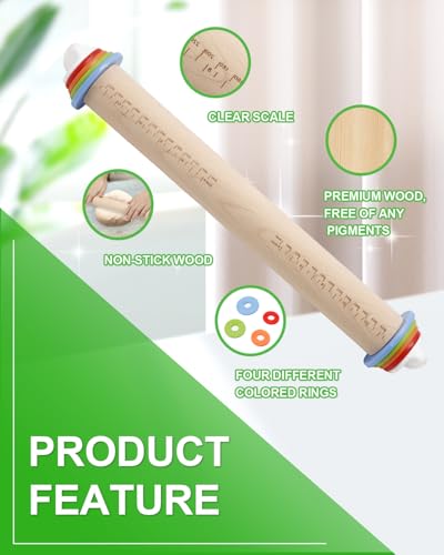 16.7" Wooden Rolling Pin with Adjustable Thickness Rings Set - color: Wooden, 16.7", Set 1