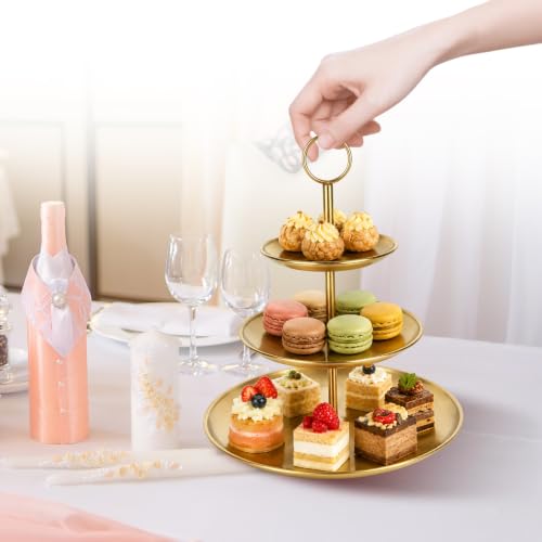 ABuff 3 Tiered Gold Cupcake Stand 2 Pack Stainless Steel Gold Tiered Dessert Stand Cupcake Display Tower 3 Tier Serving Tray Cake Stand for Baby Shower Birthday Party Wedding, Small