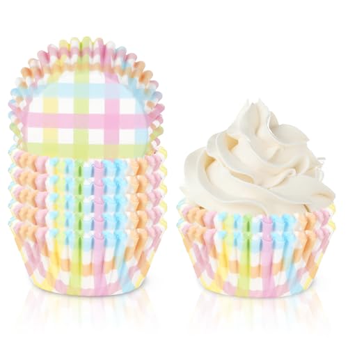 Whaline 300Pcs Pastel Plaid Paper Baking Cups Easter Colorful Checkered Cupcake Liners Spring Muffin Liner Cake Paper Cups Storage Container for Spring Easter Party Baking Supplies, 2 x 1.2 Inch - style: Pastel Plaid
