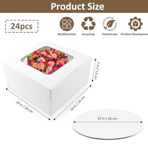Moretoes 24 Pack Cake Boxes, 10x10x5 Inches with Cake Boards White - size: 24pcs-10*10*5in