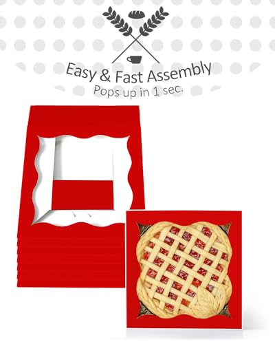qiqee Auto-pop Up Red Pie Boxes with Window 12x12x3 Inch 24Packs Cookie Donut Bakery Box - color: Red