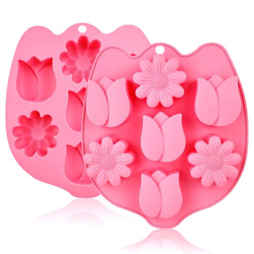 2 Pack Flower Silicone Mold – Tulip & Sunflower Shapes, Food Grade Non-Stick Chocolate Molds for Gummy, Candy, Jelly, Ice Cubes & Baking – BPA-Free, Oven/Freezer/Dishwasher Safe - color: Pink