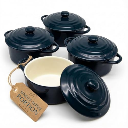 Kook Mini Cocotte, Lids, Handles, Dutch Oven, Set of 4, 12 oz, Navy - color: Navy