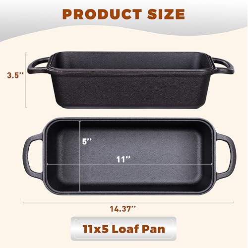 Cast Iron Loaf Pan with Lid, 11x5 Inch 5.8 Qt Pre-Seasoned Pan - color: Black, size: 11x5 Inch
