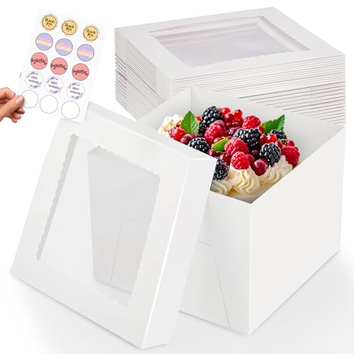 RICCLE 15pcs Cake Boxes, 10x10x8 Inches Tall Cake Box with Window, Large White Bakery Boxes, Baking Boxes, Square Cardboard Cake Box for Multi-Layer Cakes, Cake Decorating Supplies, Valentines Day - size: 15 PCS - 10×10×8