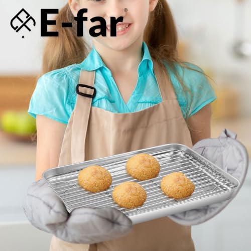 E-far Small Baking Sheet with Wire Rack (2 Pans + 2 Racks), Stainless Steel Cookie Sheets Trays & Cooling Rack for Toaster Oven, Non Toxic & Warp Resistant, Oven & Dishwasher Safe, 9.4 x 7.3 x 1 Inch - size: 9.4''x7.3''
