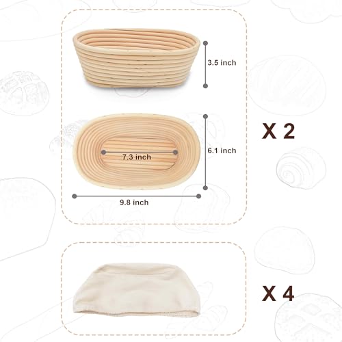 Banneton Bread Proofing Basket set of 2, 9.8 Inch Oval Sourdough Proofing Baskets with Liner,Dough Proofing Bowls,Made of Natural rattan,for Sourdough Bread Baking Supplies - size: 2 set 9.8 inch Oval