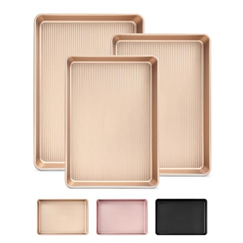 3-Piece Heavy Duty Carbon Steel Baking Sheets Set,Non-Stick Cookie - color: Champagne Gold