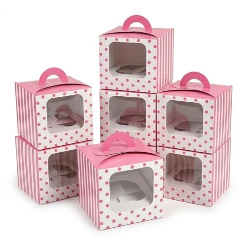 Pink Polka Dot Cupcake Boxes with Window and Handles, 24 Count