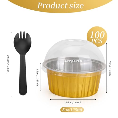 100-Pack 5 oz Gold Mini Cake Pans with Lids, Disposable Aluminum Foil Baking Cups, Muffin Tins, Ramekins for Cupcakes, Brownies, Flan, Pudding - for Wedding, Anniversary, Birthday Parties - color: Gold