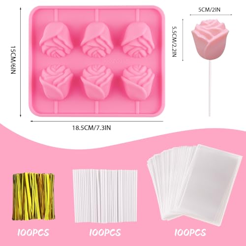 Rose Cake Pop Mold Kit 2 Pack Rose Lollipop Mold Flower Sucker Molds Flower Lollipop Baking Molds Tray with 300pcs Lollypop Sucker Sticks and Bags for Chocolate Jelly Hard Candy Cake Cupcake - color: Rose