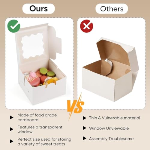 Cookie Boxes with Window, 4x4x2.5 Inch White Bakery Box (100)