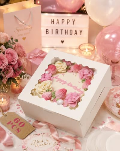 qiqee 10"x10"x5" Cake Box, 60 Sets White Cake Box with Window ＆ 60 Sets 10" White Cake Round Boards, for Cake, Treat Cookie Dessert, Pastry, Birthday Party, Weddings, 3 rolls of pink ribbons - color: White, size: 10"x10"x5", 60Pcs