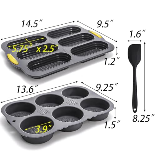 TOPZEA 3 Pcs Silicone Hot Dog & Hambergur Buns Pan Set, 6 Cavity Nonstick Baguette Bread Loaf Mold Perforated Hoagie & Sandwich Roll Baking Pans with Scraper for Homemade Ham Burger, Hotdog, Oven Safe