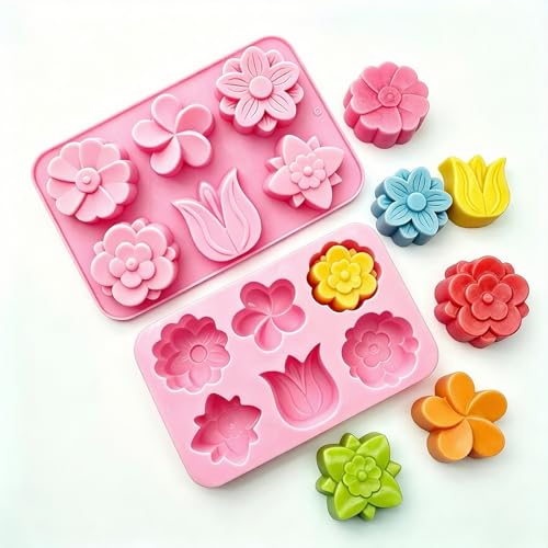 Flowers Silicone Soap Molds 2 Pack 6 Different Cavities Flower Shapes Mold for Handmade Soap Making Bath Bombs Lotion Bar Candle Cake Chocolate Desserts (6 Different Cavities Flower) - color: Pink