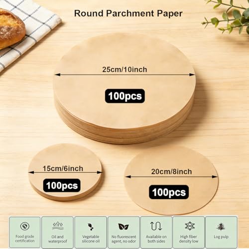 300 Sheets Parchment Paper Rounds, 6/8/10 Inch, Pre-Cut Cake Pan Liners