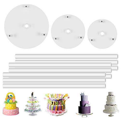 DOERDO 3 Tier Cake Separator Plates and 9 Pieces Plastic Cake Dowel Rods Set, for Tiered Cake Construction and Stacking(12cm,16cm,18cm) - size: 12,16,18cm