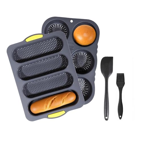 Hamburger Bun Pan and Baguette Pan With Spatula Brush, Silicone Hamburger Bun Pans for Baking, Nonstick French Bread Baking Pan for Baking Homemade Bread (Black)