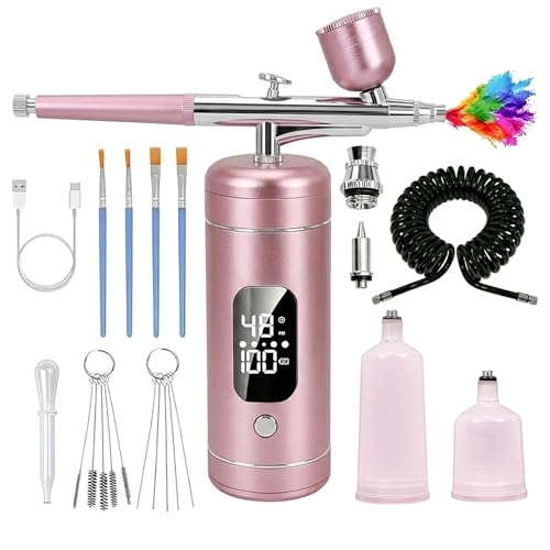 Cordless Airbrush Kit with Compressor,48 PSI High-Pressure, 6000mAh Rechargeable, 3-Speed Adjustable - 0.2/0.5 mm Nozzles & 3 Cups,Non-Clogging for Cake,Models, Makeup,Painting,Nails Art (Pink)