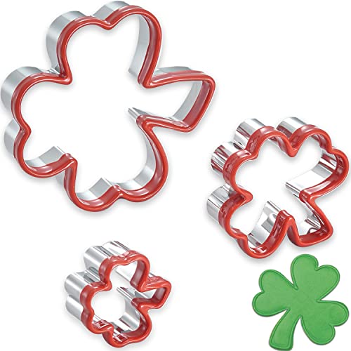 3 Pcs Clover Cookie Cutter Set 4.1" 3" 1.8", St. Patrick's Day Irish Shamrock Cookie Cutters, Holiday Stainless Steel Cookie Cutters, Coated with Soft PVC for Protection