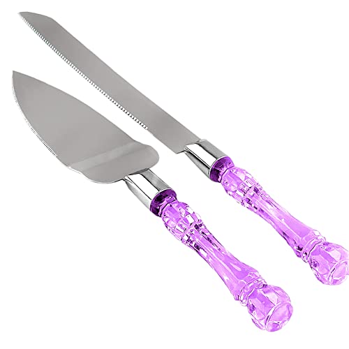 Cake Knife and Server Set, Cake Cutter and Pie Spatula, Cake Server and Knife Set with Acrylic Faux Crystal Handles, Cake Cutting Set for Wedding Cake, Birthdays, and Parties (Purple Silver) - color: Purple Silver