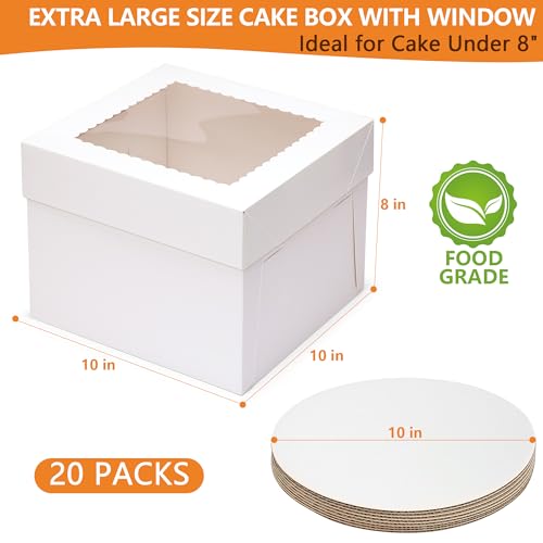 20 Packs Cake Box 10 inch with Cake Board (10 Pcs Box + 10 Pcs Board) Disposable Cake Containers Bakery Take Out Container Cake Carrier for Cookies Pies (10x10x8inch) - size: 10x10x8inch