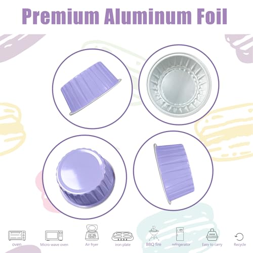 100Pcs Aluminum Cups with Lids,5oz Disposable Ramekin Baking Cups Muffin Liners Mini Pie Pans Foil Cupcake Containers for Christmas Party Wedding Party,Purple - color: Light Purple