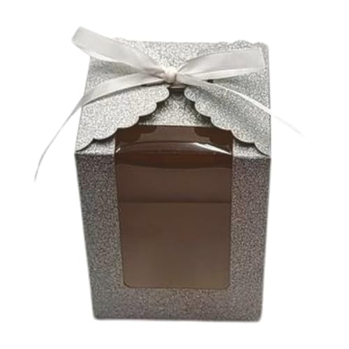 Silver Sparkling Favor Boxex-40 Ct Large 4"x4"x5" Clear Window. Includes 2 Ribbons (40 White 40 Black) Stemless Wine Glass Gift Box. Bottom Insert for Durability. Ideal for Weddings, Events, Christmas - color: Silver
