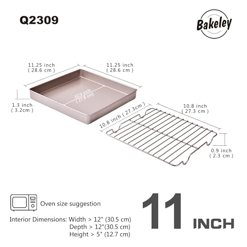 Roasting Pan with Rack, 11-Inch Non-Stick Square Shallow Dish Sheet Pan with Wire Rack for Oven Baking, BBQ and Roasting 11.2" x 11.2" x 1.3" (Champagne Gold) - size: 11 Inch