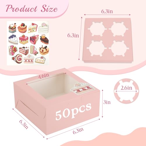 OAMCEG Cupcake Boxes with Window, 6x6x3 Inches Cookie Boxes,50 Pack,Pink - color: pink-stickers-50pcs