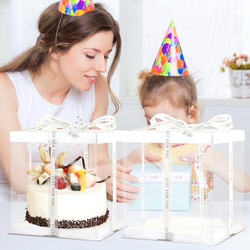 JCD 7" X 7" X 8" Ideal for 4" and 5" Inch two Layer Tiered Cakes Box,6 Pcs Transparent Cake Box with Ribbon for Pastries-Clear Boxes with Lid for Party and Display (White Lid, 7 * 7 * 8inch/6Pcs) - size: White Lid 7inch/6Pcs