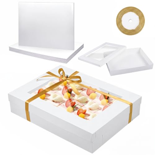 5 Set Full Sheet Cake Boxes with Cake Boards Window Gold Ribbon - color: Gold