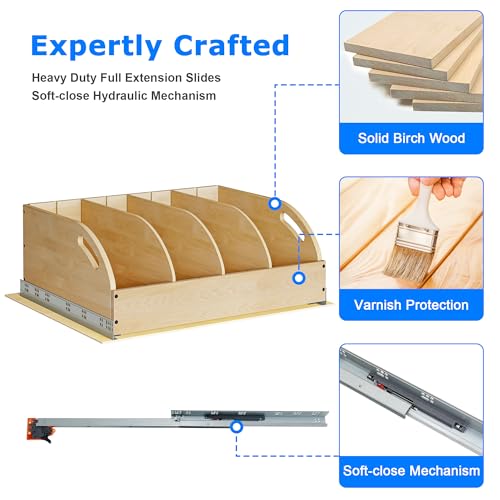 WelFurGeer Birchwood Pot and Pan Organizer with Soft-Close Drawer, Pull Out Cabinet Organizer, Heavy-Duty Slide-Out Storage for Baking Sheets, Cutting Boards, and Kitchen Utensils - size: 26"W X 21"D