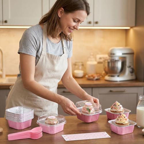 50 Pack Mini Cake Pans With Lids And Spoons,5oz Square Cake Tins - color: Gold