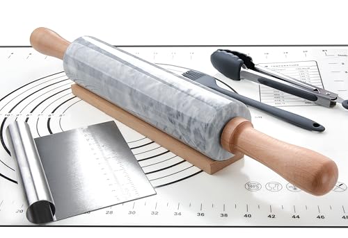 Marble Rolling Pin Set with Silicone Pastry Mat,Pastry Brush,Cooking Tongs,Stainless Steel Scraper18.5 inch Polished Non-Stick Roller for Pizza Dough,Fondant,Pie Crust(Gray White) - color: White Set