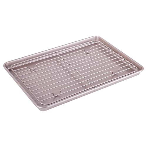 13-inch Baking Sheet Pan with Rack, Non-Stick Rectangular Shallow Dish Sheet Pan with Wire Rack for Oven Baking, BBQ, Jelly Roll and Roasting 13.5" x 9.6" x 1" (Champagne Gold) - size: 13 Inch