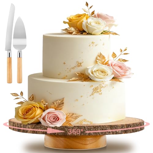 12 Inch Rotating Wooden Cake Turntable with Knife & Server, Round Rustic Cake Display Stand for Party Dessert Decor
