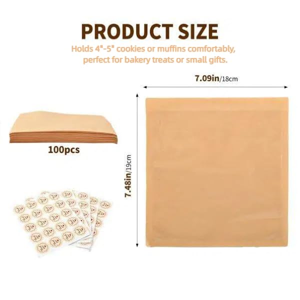 Cookie Bags with Seal, 100 Pack 7.1x7.5 Inch Bakery Bags with Window - size: 7.1 X 7.5in