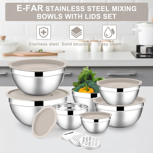E-far Stainless Steel Mixing Bowls, 7PCS Mixing Bowls with Airtight Lids - color: Khaki, size: 7 Regular Sizes