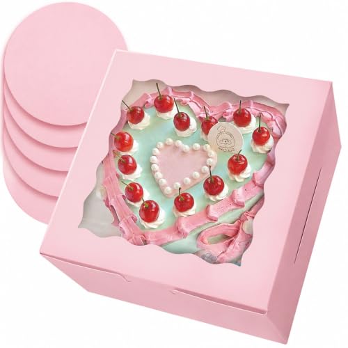 Bakepacker 8"x8"x5" Matte Pink Cake Boxes with Window 18 Sets - color: Pink, size: 18Sets,8"x8"x5"