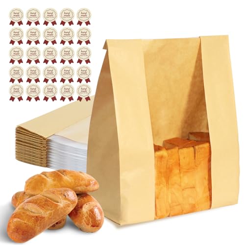 WIKDAY Bread Bags for Homemade Bread 50PCS Sourdough Bakery Bag with Window - size: Large Size (8.3" x 3.5" x 13.7") with Stickers A