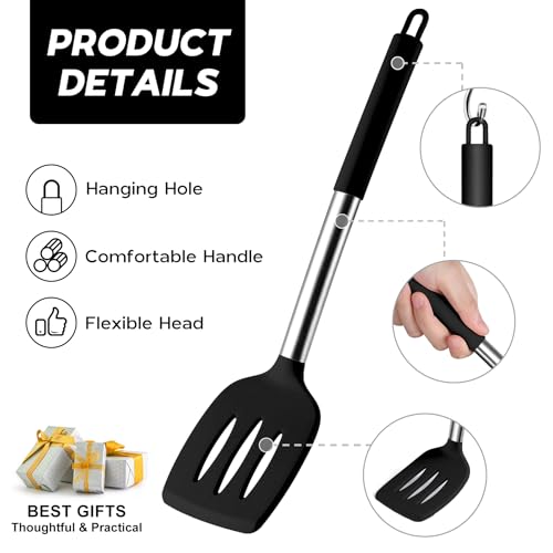 Onader Silicone Kitchen Utensils Set of 10, Cooking Utensils with Holder and Heat Resistant Stainless Steel Handle for Nonstick Cookware - Black - color: Black