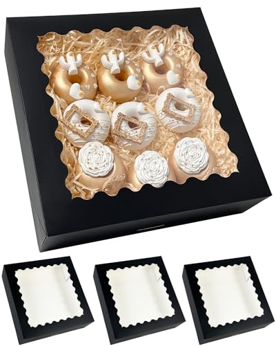 Bakepacker 20pcs Black Pie Boxes 12x12x3 inches Easy Assemble Macaroon Cookie Boxes Bakery Boxes with Window for Bakery (Auto-pop Up) (Pack of 2) - color: Black, size: 20 Pcs/ 12*12*3" (Pack of 2)